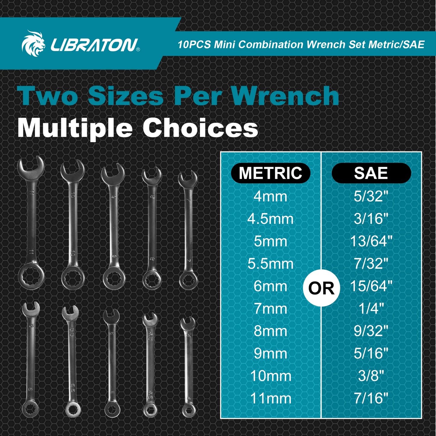 LIBRATON 20-częściowy zestaw kluczy nasadowych metrycznych 4-11 mm i calowych 5/32"-7/16", dwustronnych (płaskie i oczkowe), stal węglowa, lekki futerał organizacyjny