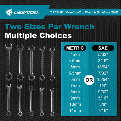 LIBRATON 20-częściowy zestaw kluczy nasadowych metrycznych 4-11 mm i calowych 5/32"-7/16", dwustronnych (płaskie i oczkowe), stal węglowa, lekki futerał organizacyjny