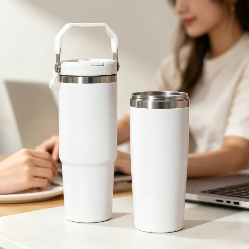 20/30oz Vacuum Insulated Tumbler with Lid: Stainless Steel Portable Cup with Dazzling Tote Handle for Hot & Cold Drinks