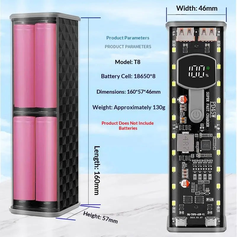 PD45W Super Fast Charging DIY Power Bank Case Weld-Free 8-Cell 18650 Battery Storage Box Daul USB Type C Output