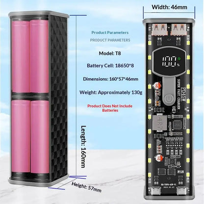 PD45W Super Fast Charging DIY Power Bank Case Weld-Free 8-Cell 18650 Battery Storage Box Daul USB Type C Output