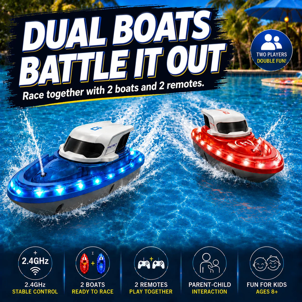 SYMA Q30 2PCS RC Speed Boat 2.4G Remote Control Boat 7 Color LED Light One Key Water Spray Waterproof Pool Lake Toy Gifts for Ki