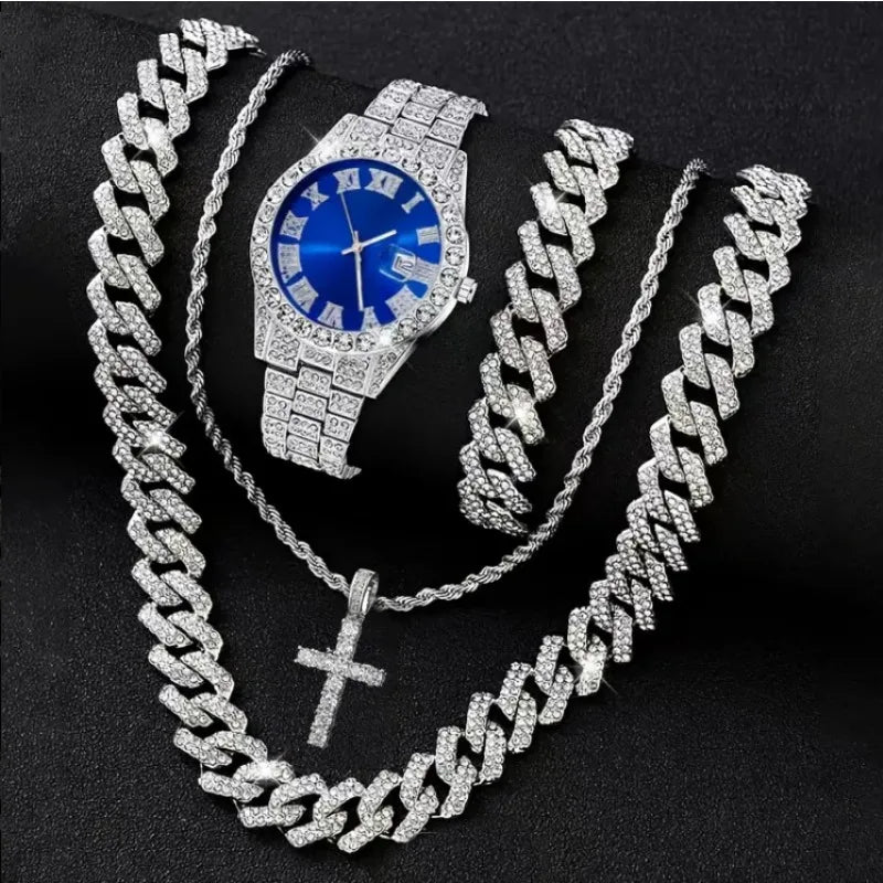4PCS Luxury Rhinestone Men Quartz Watch Hip-pop Jewelry Set Fashion Roma Dial Calendar Quartz Wristwatch（Without Box）