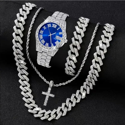4PCS Luxury Rhinestone Men Quartz Watch Hip-pop Jewelry Set Fashion Roma Dial Calendar Quartz Wristwatch（Without Box）