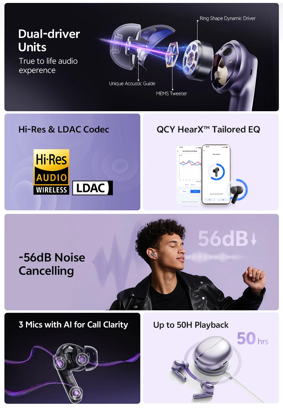 QCY MeloBuds N70 Adaptacyjne ANC Bezprzewodowe słuchawki douszne Bluetooth 6.0 LDAC Hi-Res Audio 6 mikrofonów Ładowanie bezprzewodowe Słuchawki 50 godzin IPX5