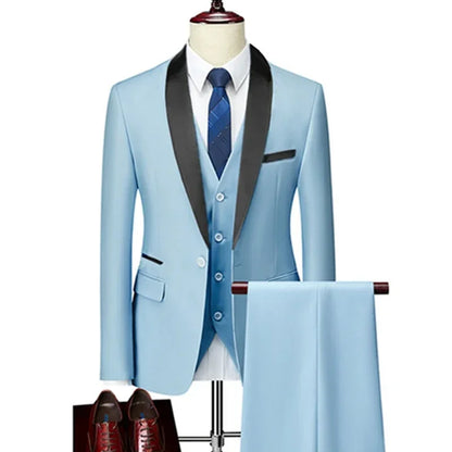 ( Jacket + Vest + Pants ) Men's 3 Piece Tuxedo Suit Set, Beige Blazer with Black Shawl Lapel for Wedding, Groom, Formal Party