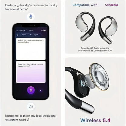 AI Translating Earbuds Real-time 144 Languages Translation Earphone Touch LCD Screen OWS Open Ear Wireless Headphone HiFi Stereo