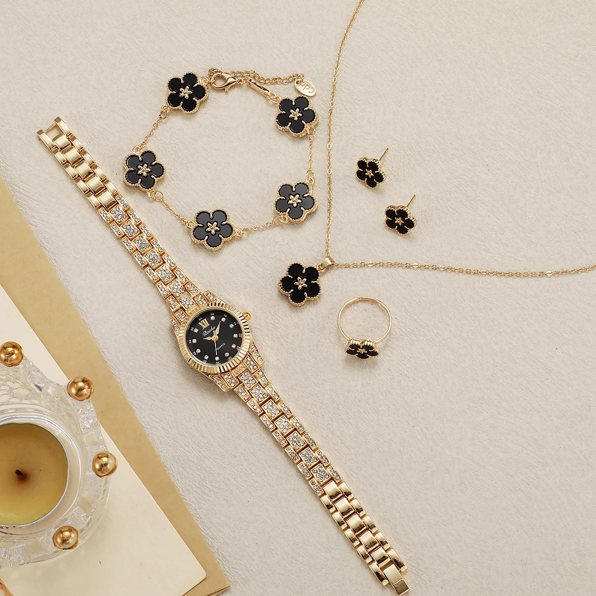 Luxury Gold Crystal Watch Black Clover Jewelry Set | Round Dial | 5-Piece Floral Gift Set for Women