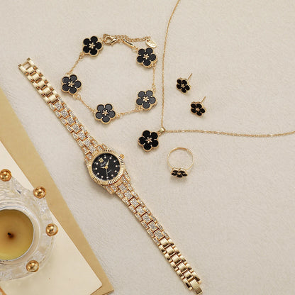Luxury Gold Crystal Watch Black Clover Jewelry Set | Round Dial | 5-Piece Floral Gift Set for Women