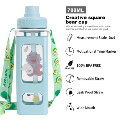 Water Bottle with Straw - 700ml 24 Oz Drinking Bottle Square Cute Water Jug