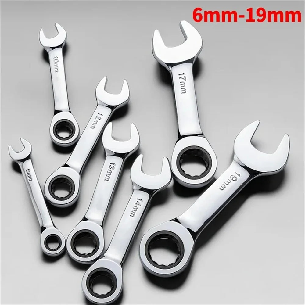 1Set 6mm-19mm Reversible Combination Stubby Single Wrench Stubby Combination 72 Tooth Ratchet Socket Spanner Nut Repair Tools