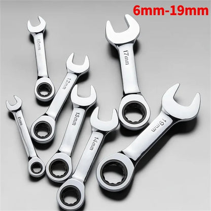 1Set 6mm-19mm Reversible Combination Stubby Single Wrench Stubby Combination 72 Tooth Ratchet Socket Spanner Nut Repair Tools