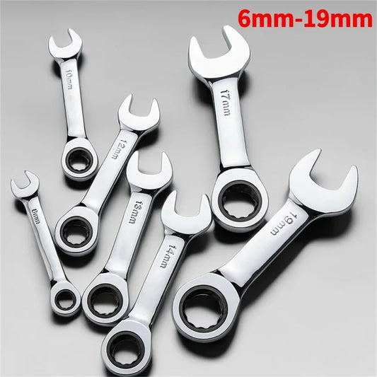 1Set 6mm-19mm Reversible Combination Stubby Single Wrench Stubby Combination 72 Tooth Ratchet Socket Spanner Nut Repair Tools
