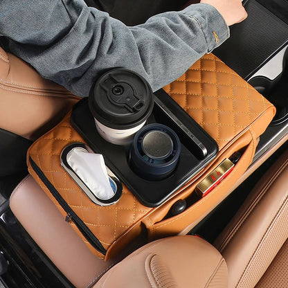 Car Armrest Box Multifunctional Thicken Height Pad Arm Rest Cushion with Pocket Tissue Cup Holder PU Elbow Support Height Pad