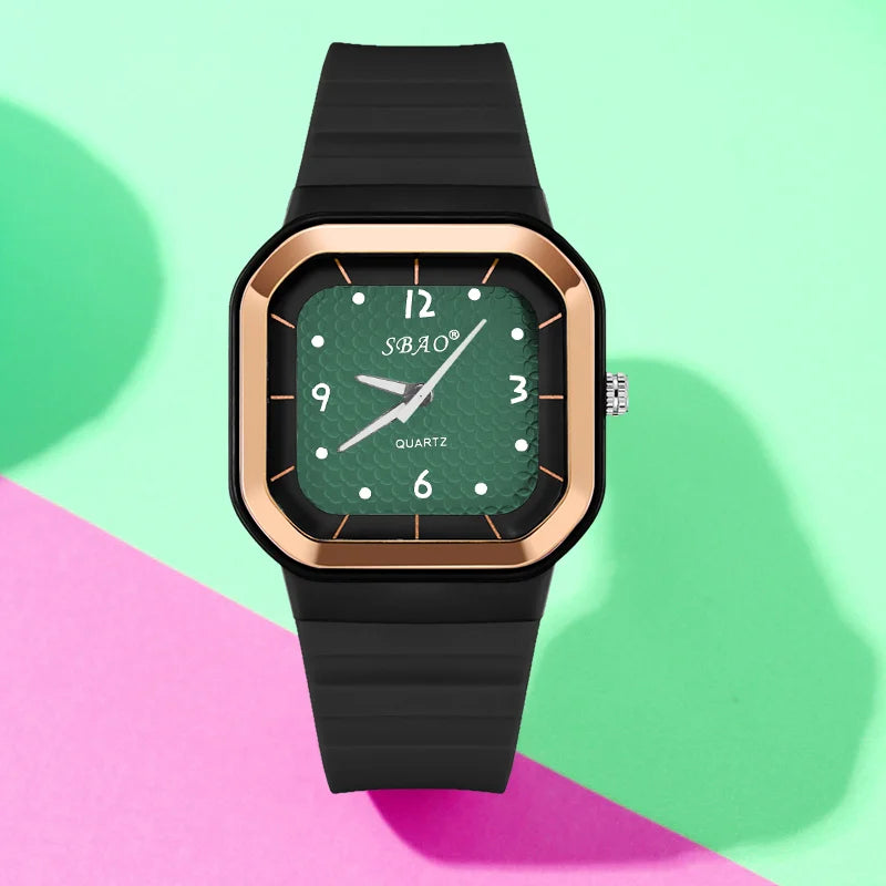 Trendy Square Dial Women Watch Teal Silicone Strap Rose Gold Bezel Analog Quartz Wristwatch Casual Waterproof Sport Wrist Clock