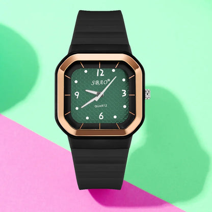 Trendy Square Dial Women Watch Teal Silicone Strap Rose Gold Bezel Analog Quartz Wristwatch Casual Waterproof Sport Wrist Clock