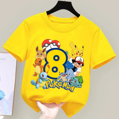 Anime Pokemons Number Printed T-shirts for Boys Girls Pikachu Cartoon Cute Short-sleeved Top Children Summer Fashion T-shirt