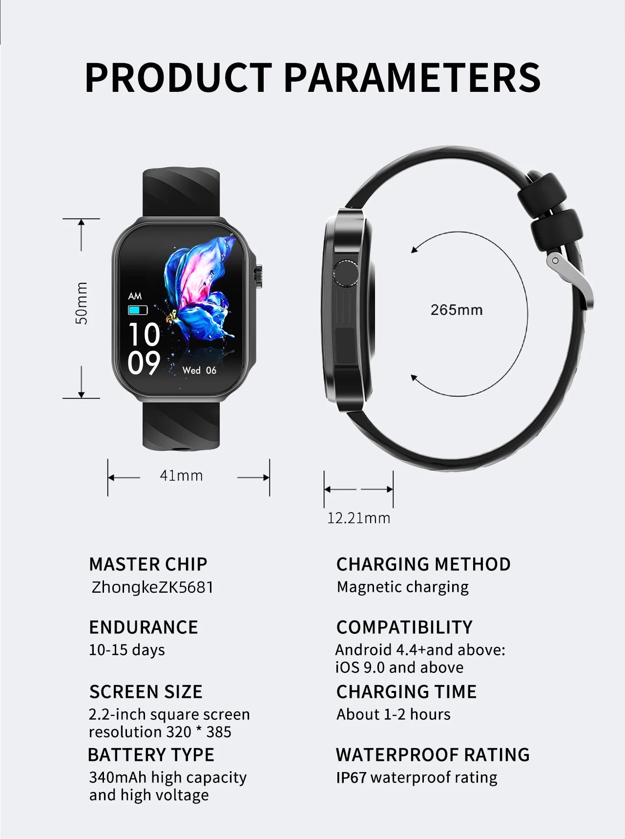 Inteligentny zegarek z zakrzywionym ekranem 3D 2,2 cala, termometrem z diodą LED, monitorem zdrowia, połączeniami BT, sportowy, fitness