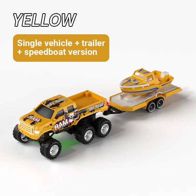 JJRC 1:64 Mini 6-Wheel Alloy RC Offroad Pickup Truck With Trailer & Speedboat Full Proportional Remote Control Car Boys Gift Toy