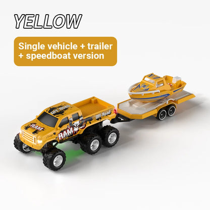 JJRC 1:64 Mini 6-Wheel Alloy RC Offroad Pickup Truck With Trailer & Speedboat Full Proportional Remote Control Car Boys Gift Toy