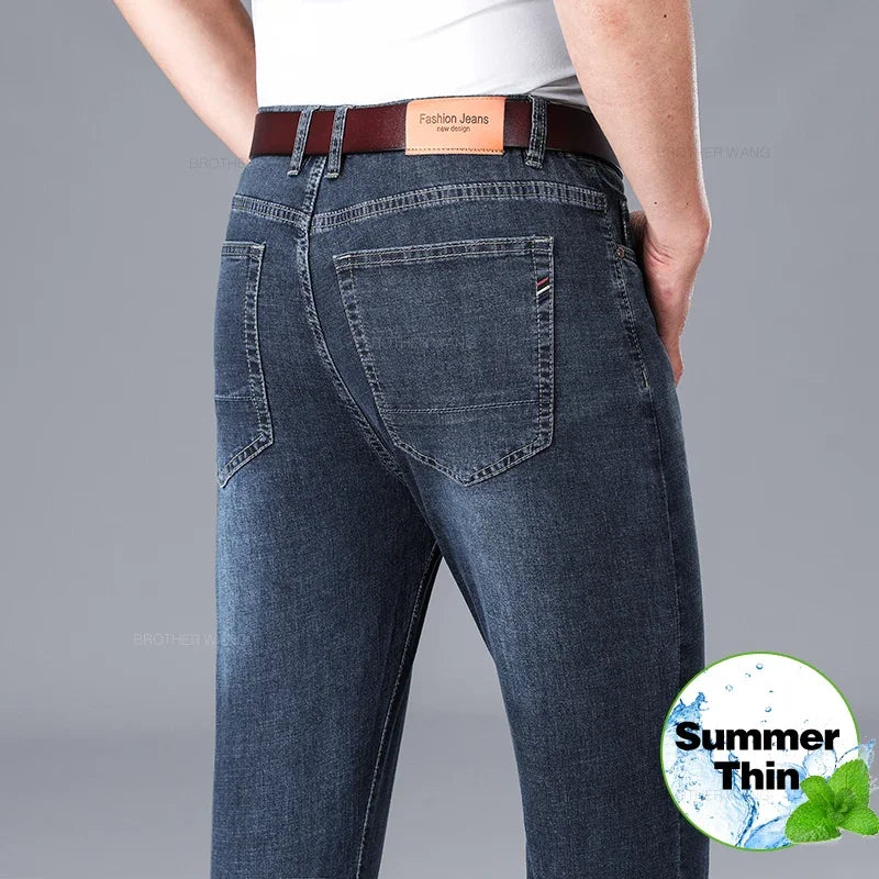 2026 Summer Brand Business Casual Men's Straight Denim Softener Lightweight Jeans Classic Embroidered Cotton Stretch Thin Pants