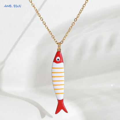 Cute Colorful Enamel Fish Pendant Necklaces For Women Girls Lovely Stainless Steel Gold Color Summer Waterproof Beach Jewelry