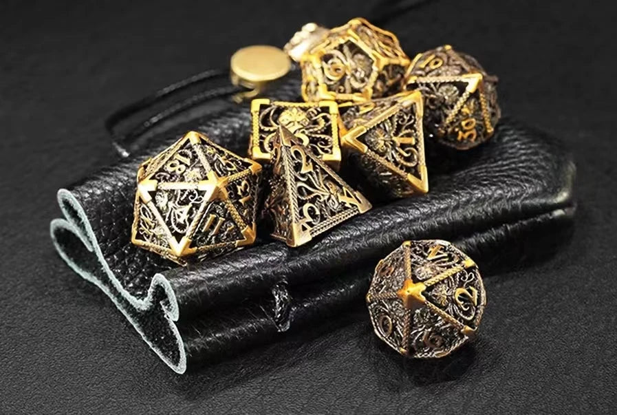 7 Pcs Cosplay D4-D20 DND Brass Gold Polyhedral Sharp Edge Casino Dice Rpg Table Board Game Tray Gem Stone Dragon Metal Steel Set