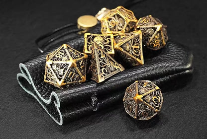 7 Pcs Cosplay D4-D20 DND Brass Gold Polyhedral Sharp Edge Casino Dice Rpg Table Board Game Tray Gem Stone Dragon Metal Steel Set