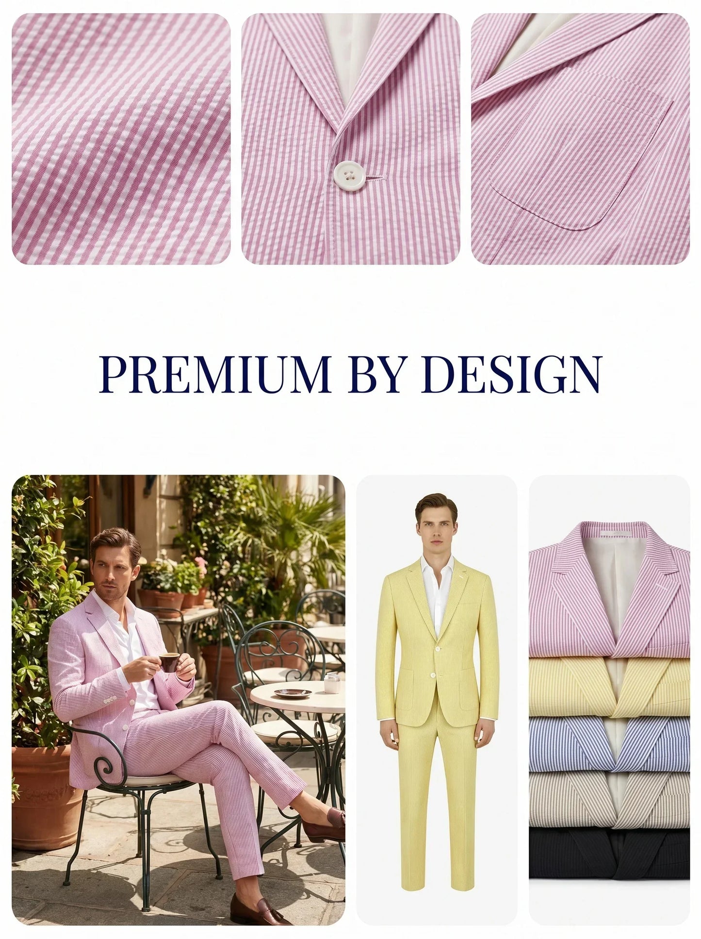Men Summer Striped Seersucker 2 Piece Suit Wrinkle Free Light Blazer Trousers All Match Gentleman Daily Outfit
