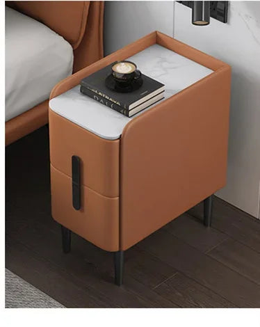 Moder Style Wooden Bedside Table Mini Narrow Leather Bedroom Nightstand Side Storage Cabinet with 2 Drawers Hotel End Table