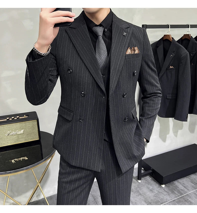 Slim Fit Double-breasted Striped Suit Vest Trousers 3-Piece Set Korean Fashion M-7XL Men's Fashionable Striped Three-piece Suit