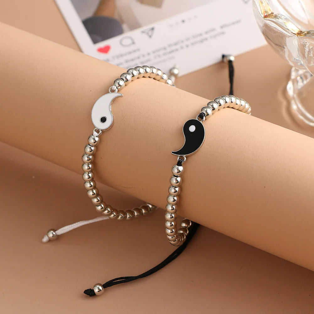 Couple Bracelets Rings Yin Yang Tai Chi Alloy Pendant Adjustable Braid Chain Necklace Matching Lover Bracelet Necklace Earring