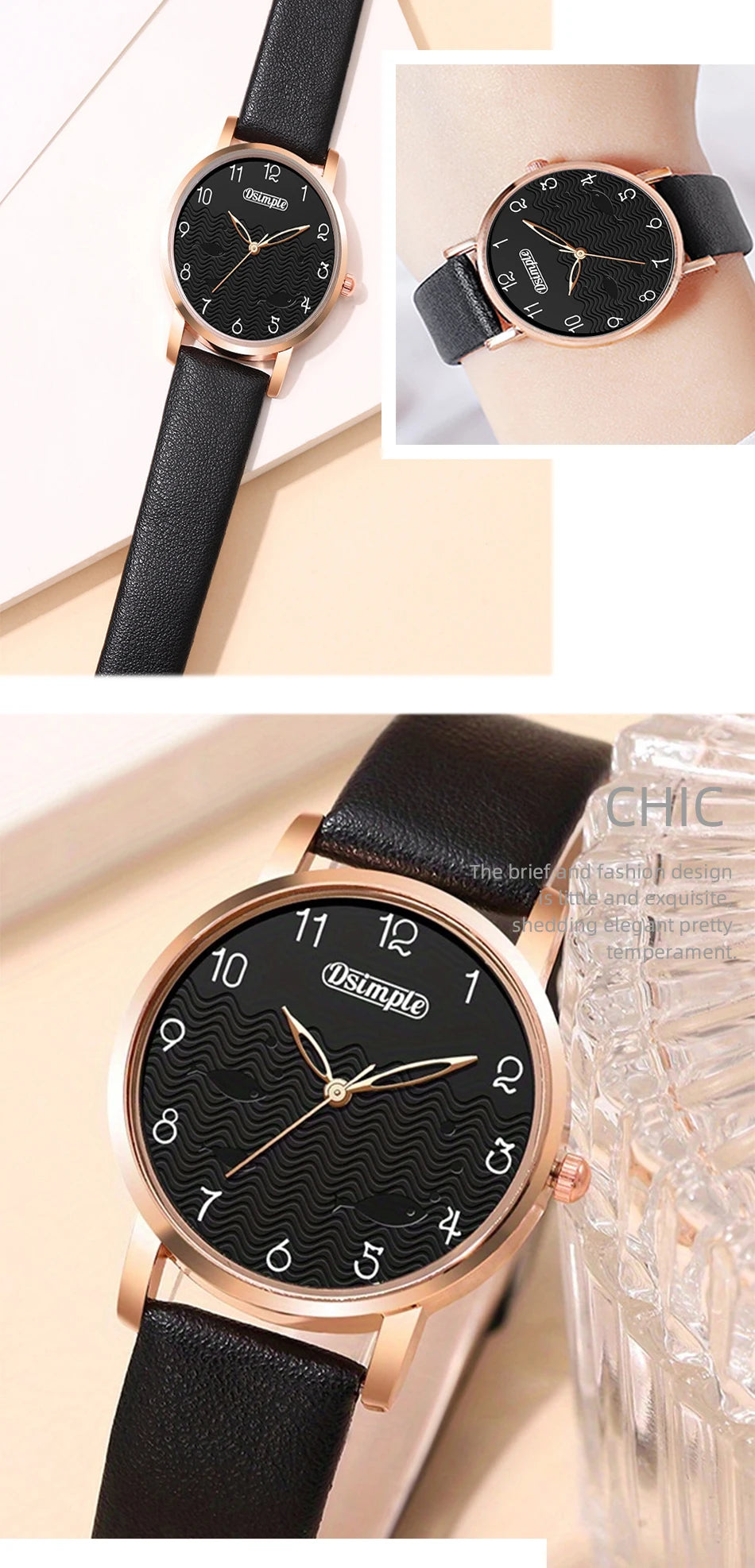 6pcs Sets Luxury Women's Black Leather Watches Butterfly Dial with Quartz Wristwatch Women Earring Bracelet Necklace Set