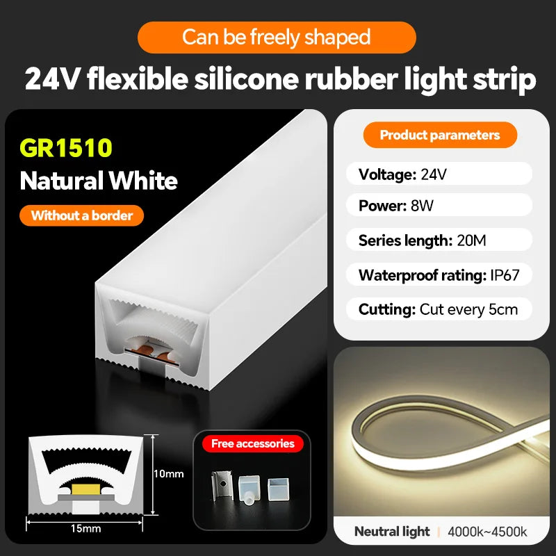 LED flexible silicone light strip embedded 24V waterproof tubing linear lamp concealed installation flexible soft light strip