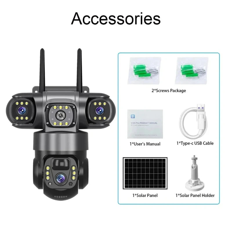15MP IP Wifi Camera Solar Camera Outdoor 3 Lens 3 Screen 10X Zoom PIR Human Detect Cameras Night Vision CCTV Security Protection