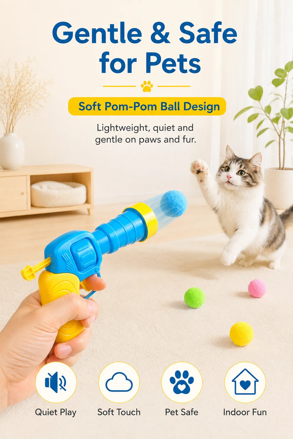 Interactive Cat Toy Pom Pom Ball Launcher Quiet Fuzzy Ball Shooter Indoor Chase Play Kit with 100 Colorful Soft Balls for Cats