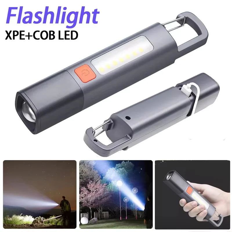 Mini Portable LED Strong Lighting ABS Flashlamp USB Rechargeable With Hook Zoomable Torch Outdoor Camping Hanging Emergency Lamp