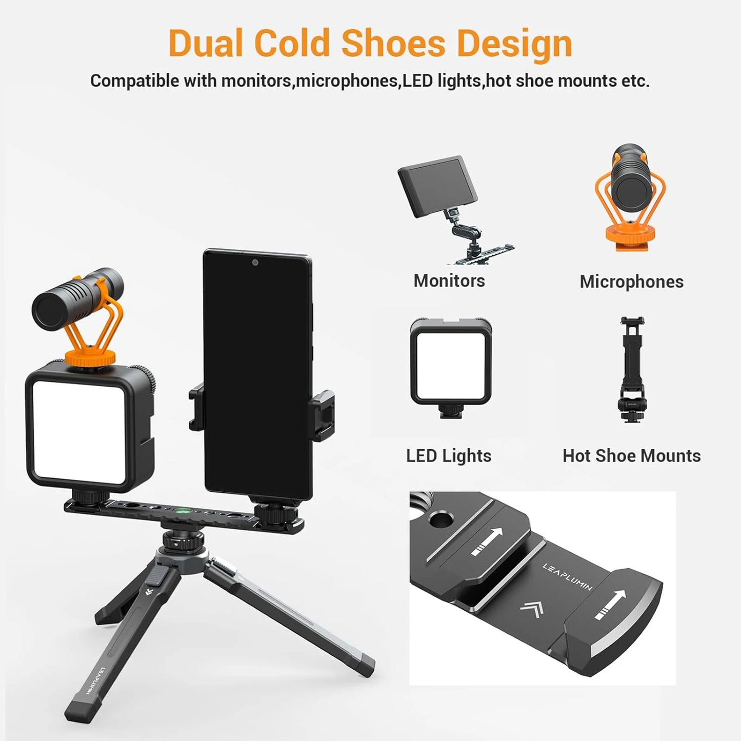 Dual Cold Shoe Mount for Vlogging, Metal Microphone Mount with 1/4" Tripod Screw & 4 Screw Holes for DSLR, Microphone