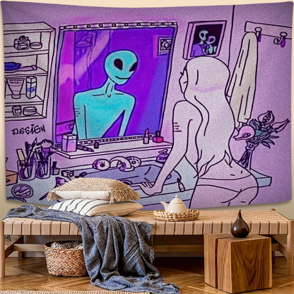 VIKAMA Halloween Tapestry Trendy Alien Girl Decorative Wall Hanging Living Room Bedroom Home Decor Room Accent Party Decoration