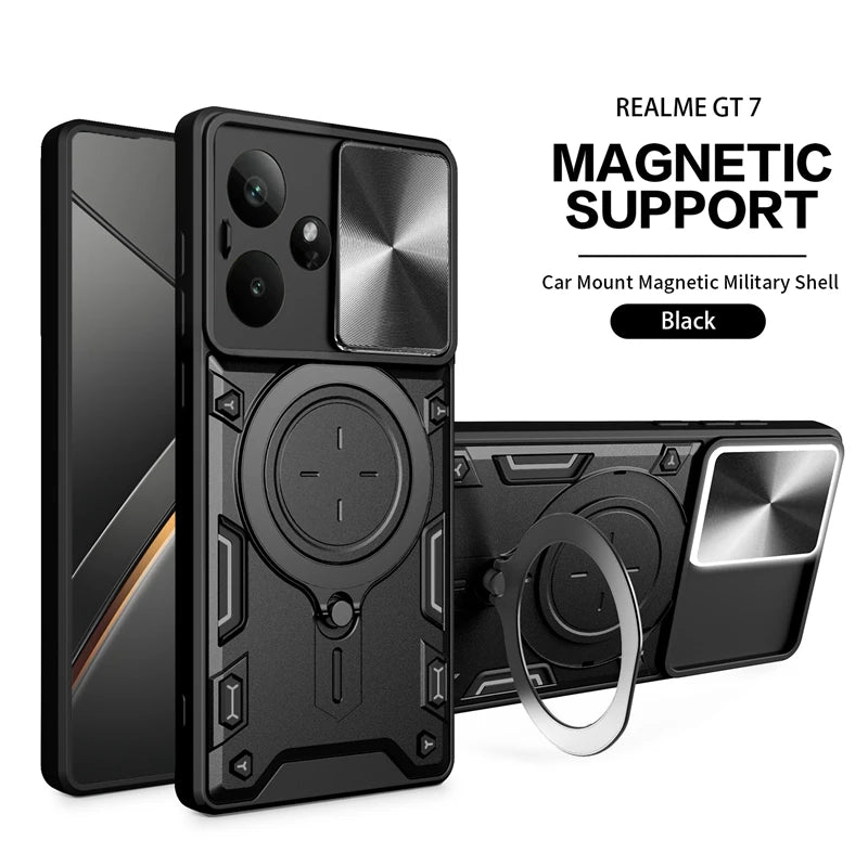For Realme GT7 5G Case Armor Slide Camera Lens Protect Back Cover For OPPO Realme GT7 GT 7 RealmeGT7 Magnetic Holder Ring Funda