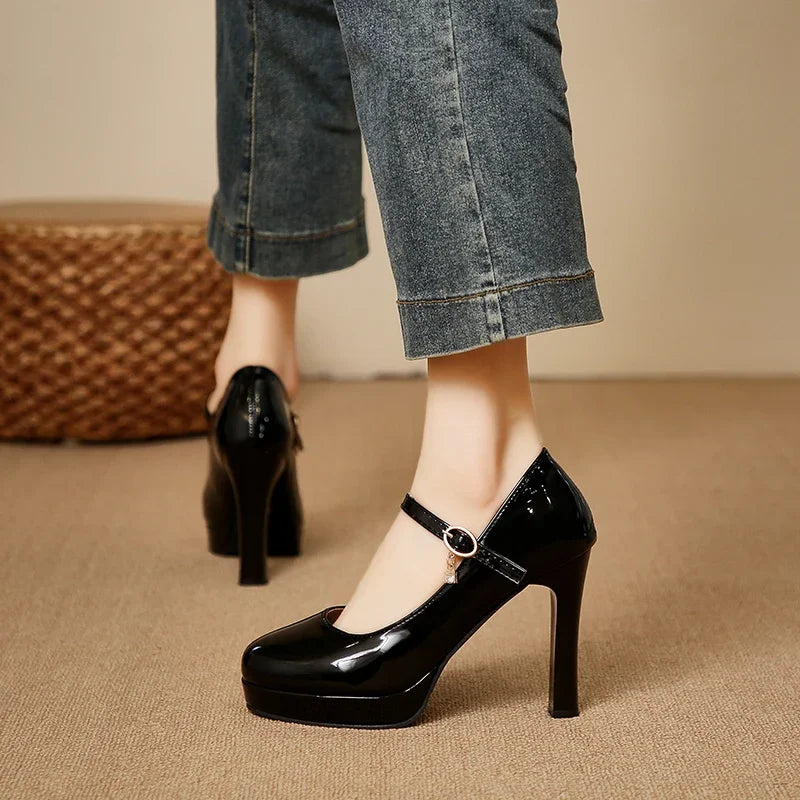 Women's classic round-toe platform heels with thick soles for 2026 summer featuring smooth leather texture Sizes available:35-42