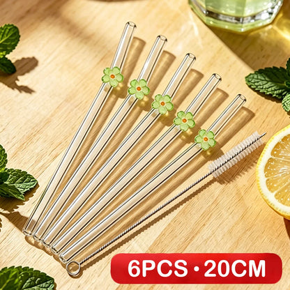 6PCS Reusable Drinking Straws Cute Flower Glass Straws with Cleaning Brush for Coffee Lover Smoothies Frozen Drinks Tea Juice