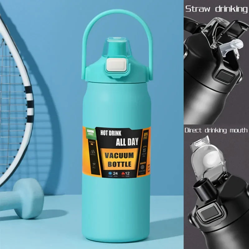 Stainless Steel Vacuum Bottle Large Capacity 1.2L/1.5L Insulated Thermo Water Flask Dual Use Lids Direct Straw Sport Gym Tumbler