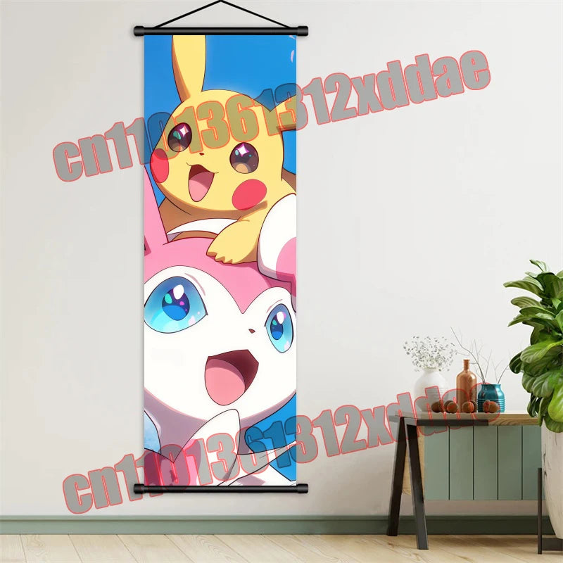Pokemon Anime, Bulbasaur, Charizard, Eevee, Pikachu, Print Art White Canvas Scroll Painting Modern Room Decor Wall Art Painting