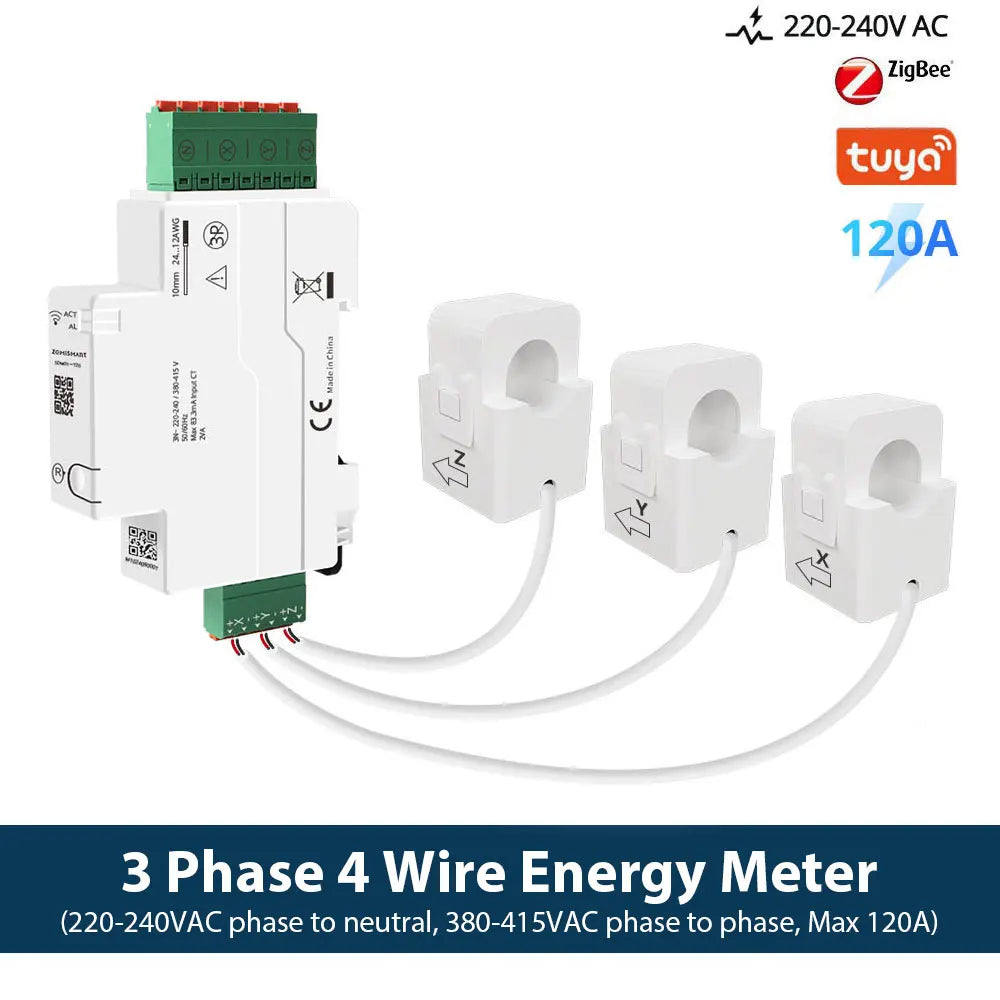 Zemismart 120A Zigbee WiFi 3 Phase Energy Meter Smart Din-rail Power Monitor Withdrawable Split-core CTs Works with Tuya App