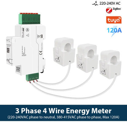 Zemismart 120A Zigbee WiFi 3 Phase Energy Meter Smart Din-rail Power Monitor Withdrawable Split-core CTs Works with Tuya App