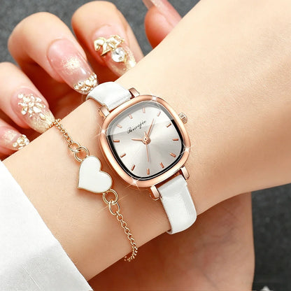 5PCS Fashion Square Women Quartz Watch Ultra-fine Leather Strap Wristwatches Heart Jewelry Set Relogio Feminino (Without Box)