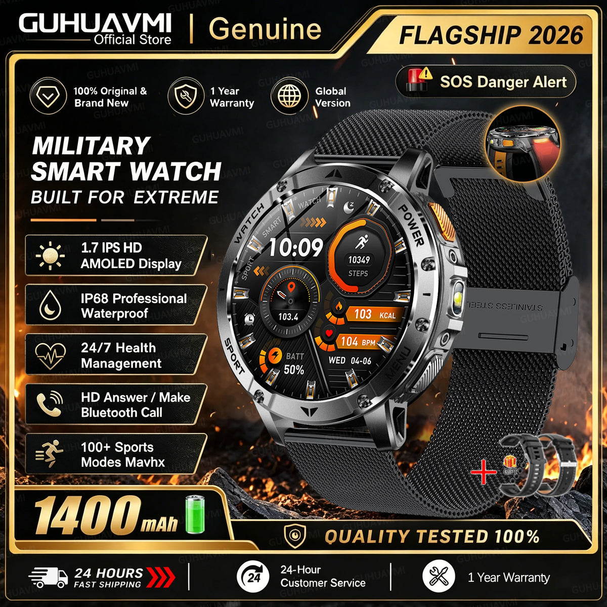 1400mAh Large Battery Military Smart Watch Men 1.7"HD Bluetooth Call 10ATM Waterproof LED Flash SOS Health Monitor Sport Watches
