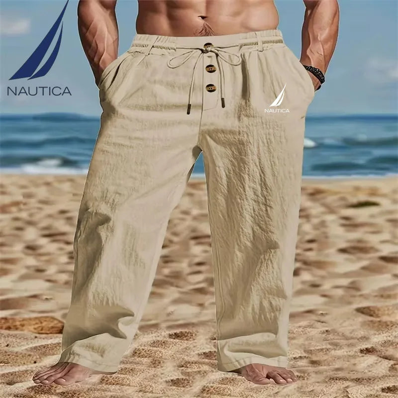 Nautica  Men's Casual Breathable Cotton-Linen Pants Trendy Street Sport Loose Straight Beach Outdoor Trousers