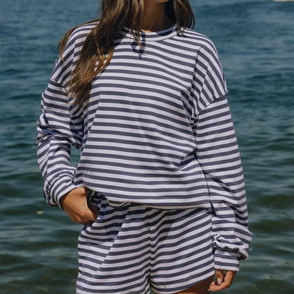 Combhasaki Women 2Piece Striped Y2k Outfits Set Casual Long Sleeve Crew Neck Shirt Tops+Elastic Waist Wide Leg Shorts Tracksuits
